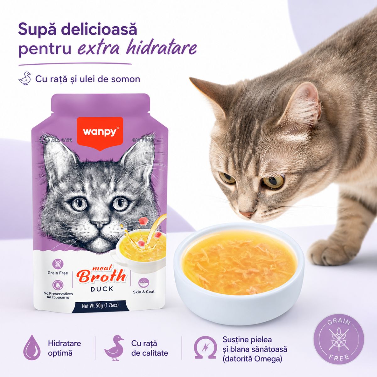 WANPY Meat Broth, Rață, plic hrană umedă pisici, (supă), 50g